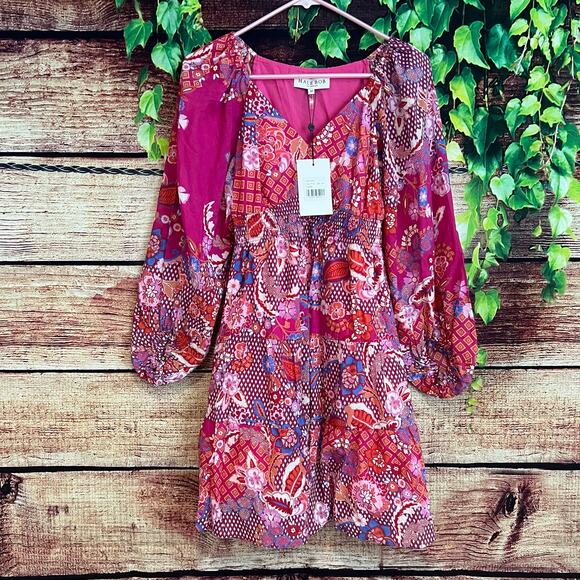 Hale Bob Mini Dress XS Paisley Fuchsia Bubble Long Sleeves Pink Floral Sundress - Picture 1 of 7